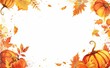 © Mark - Seasonal floral maple oak tree orange leaves with gourds for Thanksgiving holiday, harvest decoration modern design. Frame with autumn leaves and pumpkins on transparent background.