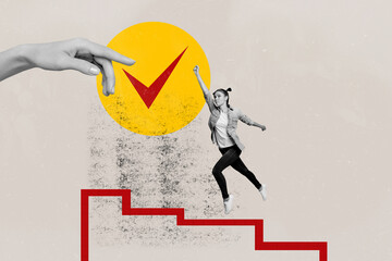 Wall Mural - Composite collage picture image of female run stairs checkmark career work progress concept unusual fantasy billboard comics zine