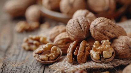 Wall Mural - Whole and cracked walnuts on a rustic wood table.