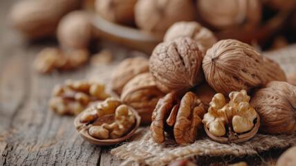 Sticker - Whole and cracked walnuts on a rustic wood table.