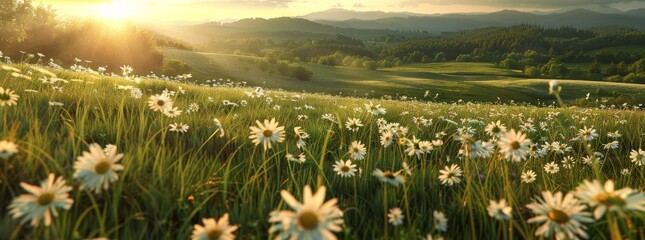 Poster - In the hilly countryside in spring and summer, there is a blooming field of daisies in the grass.
