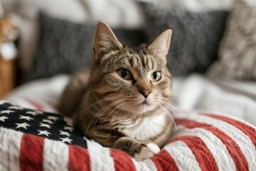 Wall Mural - Background with an American flag and a cat. The flag of the USA. The symbol of the United States. Republic Day. Independence Day. Elections. The US symbol