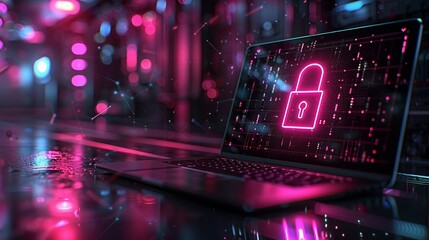 Cyber security with lock on laptop. AI generate illustration