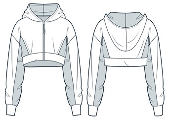 Wall Mural - Zipped Hoodie technical fashion illustration. Zipped Jacket fashion flat technical drawing template, cropped, oversize, front and back view, white, grey, women, men, unisex Sportswear CAD mockup.