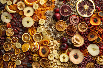 An intricate mosaic of dried fruits, perfectly arranged for a striking visual
