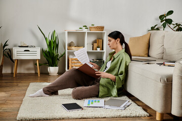 Wall Mural - Woman immersed in reading while seated on floor.