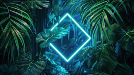 A neon rectangle line sign is surrounded by tropical green leaves