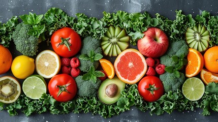 Wall Mural - Fresh fruits and vegetables on a cutting board. Healthy lifestyle choices