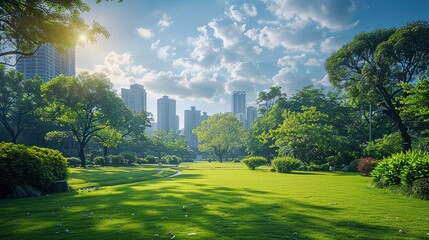 a park with a city in the background