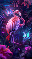 Wall Mural - A neon colored pink and blue flamingo, surrounded by glowing tropical flowers and butterflies Generative AI