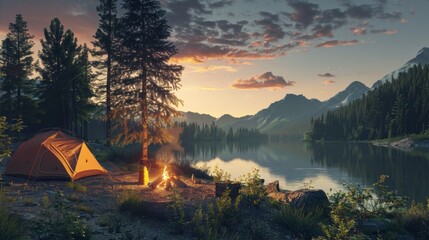 Wall Mural - Camping scene nestled in the wilderness after a day of hiking. Show a cozy campsite set up near a serene mountain lake, with a tent pitched under the shade of tall trees