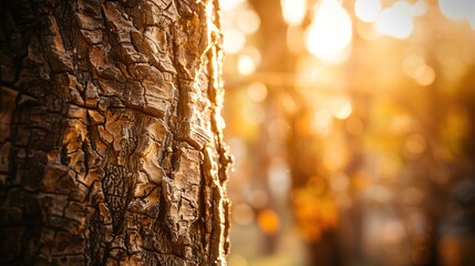 Poster - Tight shot of pear tree trunk, rough bark texture, blurred background, early morning sun 