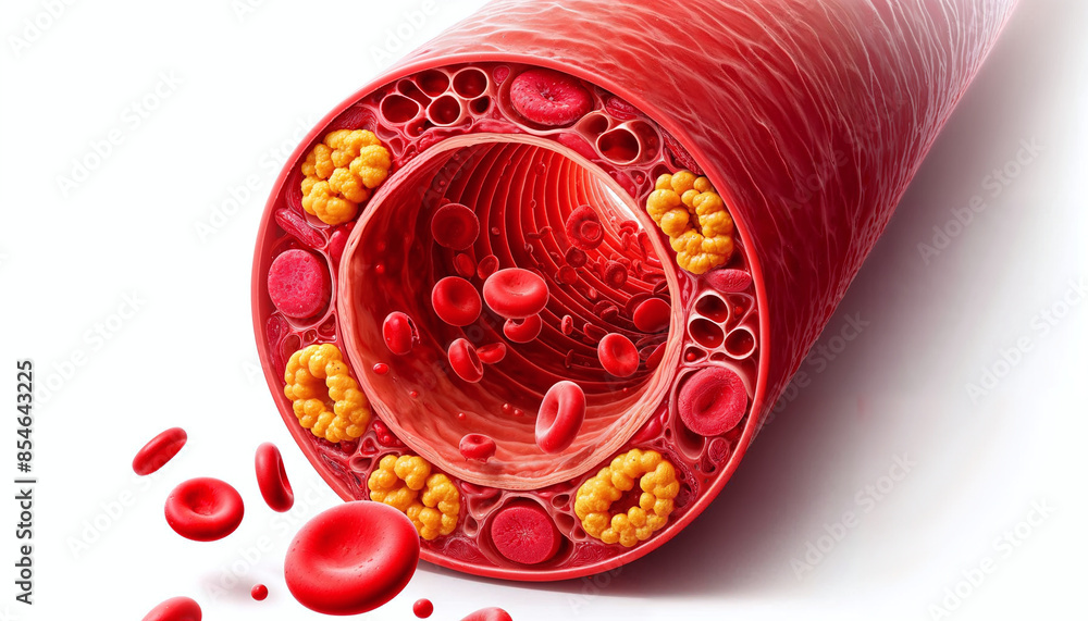 3D illustration of a blood vessel with atherosclerosis, depicting red ...