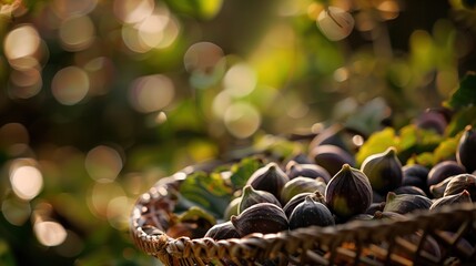 Poster - Fig harvesting, detailed close-up of figs in a basket, evening warm light, blurred greenery 