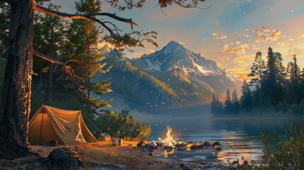 camping scene nestled in the wilderness after a day of hiking. show a cozy campsite set up near a se