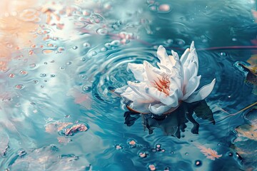 Wall Mural - Floating lotos flower in blue water, spiritual landscape, japanese inspiration, thai art natural relaxing background