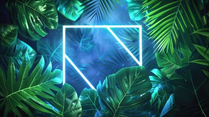A neon rectangle line sign is surrounded by tropical green leaves