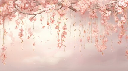 Wall Mural - Illustration of hanging garlands of cherry blossoms, romantic style, spring background