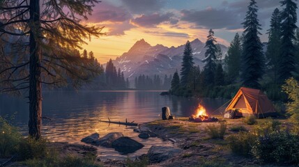 Wall Mural - Camping scene nestled in the wilderness after a day of hiking. Show a cozy campsite set up near a serene mountain lake, with a tent pitched under the shade of tall trees