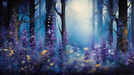 Wall Mural - purple yellow woodland flower, richly detailed backgrounds, mystical spring landscape.