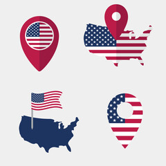 usa map pointer icons set, national flag of the United States of America