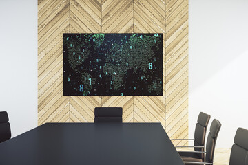 Wall Mural - abstract creative programming illustration and world map on presentation monitor in a modern boardro