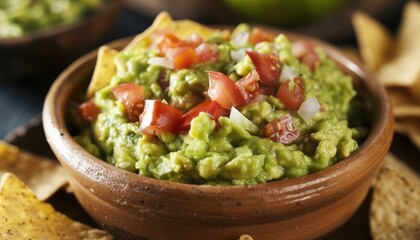 Delicious guacamole served in a rustic bowl with fresh tomatoes and tortilla chips, perfect for a Mexican snack or appetizer.