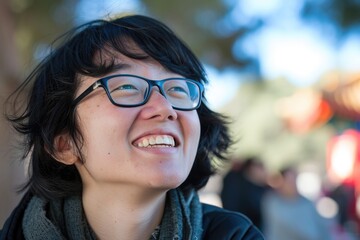 Wall Mural - A happy woman wearing glasses and a scarf smiles, suitable for various uses such as advertising or social media