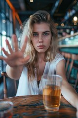 A woman sitting at a table with a glass of beer, perfect for casual gatherings or a relaxing evening