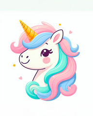 Wall Mural - Cute cartoon happy magic unicorn with rainbow on a white background.