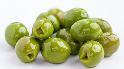Wall Mural - Fresh green olives on white backdrop