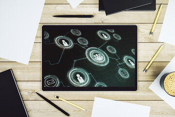 Wall Mural - modern digital tablet screen with social network icons concept. networking concept. top view. 3d ren