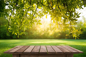 Wall Mural - Spring summer beautiful natural background with green foliage in sunlight and empty wooden table outdoors. Abstract backgrounds wallpaper. Ai generative