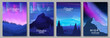 © Goldenboy_14 - Night landscape with aurora. Dark sky with stars. Mountains and hills.  Vector illustration. Set of posters.