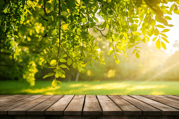 Wall Mural - Spring summer beautiful natural background with green foliage in sunlight and empty wooden table outdoors. Abstract backgrounds wallpaper. Ai generative