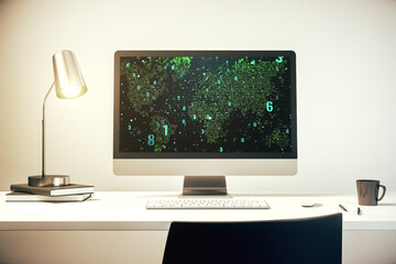 Wall Mural - modern computer display with abstract software development hologram and world map, global research a