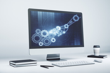 Wall Mural - modern computer monitor with robotics technology hologram. research and development software concept