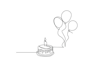 Continuous line drawing of birthday cake and balloons. Cake with sweet cream and a candle. Birthday celebration concept isolated on white background. Hand drawn design vector illustration