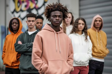 A group of diverse young adults stand in front of an urban wall, each wearing a plain hoodie