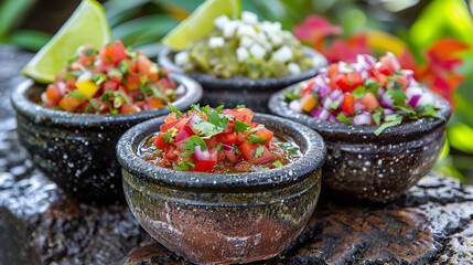 Canvas Print - Colorful Array of Fresh Mexican Salsa in Rustic Pottery  