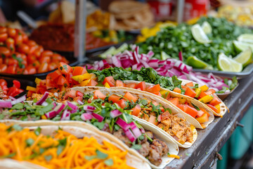 Sticker - Vibrant Mexican Street Food Spread with Tacos and Fresh Ingredients  