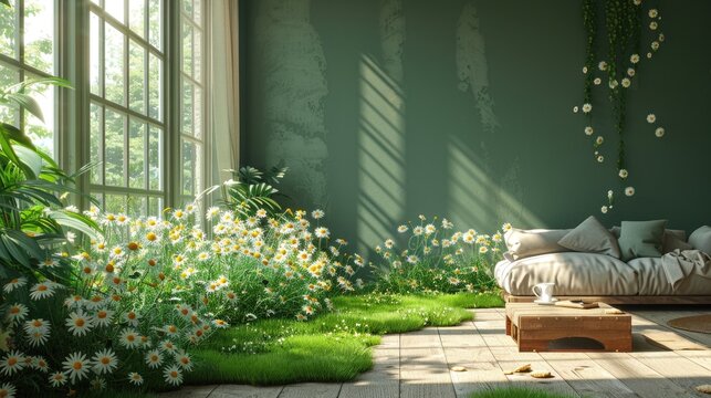 Background image of wooden window view with daisies, green leaves, nature view, flower field and a cup on a wooden table. Nature and relaxation concept. Design for poster, wallpaper, banner. AIGT2.
