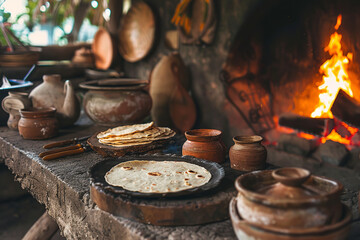 Rustic Mexican Kitchen Preparing Homemade Tortillas  