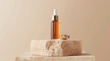 Sticker - Cosmetic serum bottle displayed on travertine podium with simple background