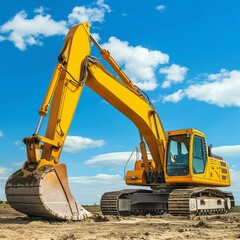 A yellow excavator on a construction site under a blue sky, showcasing heavy machinery and industry. Ideal for industrial, construction, and engineering projects.