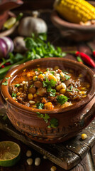 Poster - Authentic Mexican Pozole in Clay Pot Surrounded by Fresh Ingredients  