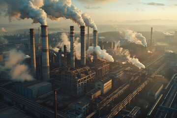 Factory with large carbon footprint due to inefficient energy use and outdated technology, affecting air quality.