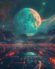 Wall Mural - a futuristic scene with a holographic moon casting its glow over a digital landscape, blending techn
