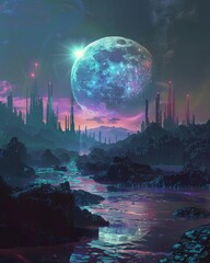 Wall Mural - a futuristic scene with a holographic moon casting its glow over a digital landscape, blending techn