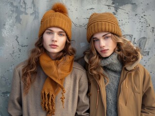 Wall Mural - Two friends or sisters standing together, both dressed in casual outdoor attire, including hats and scarves